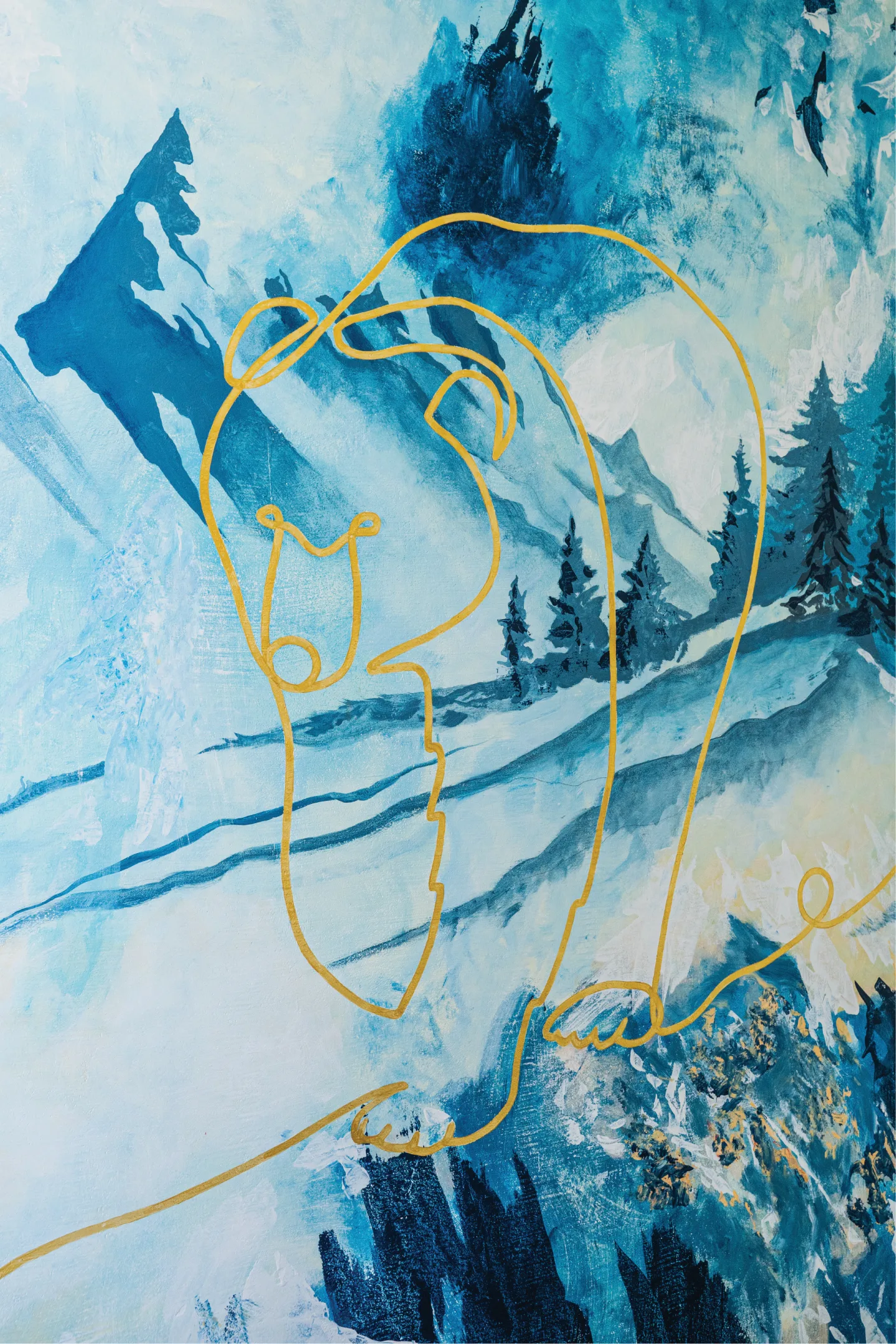 Gold line drawing over layered blue paint in the Viceroy mural.