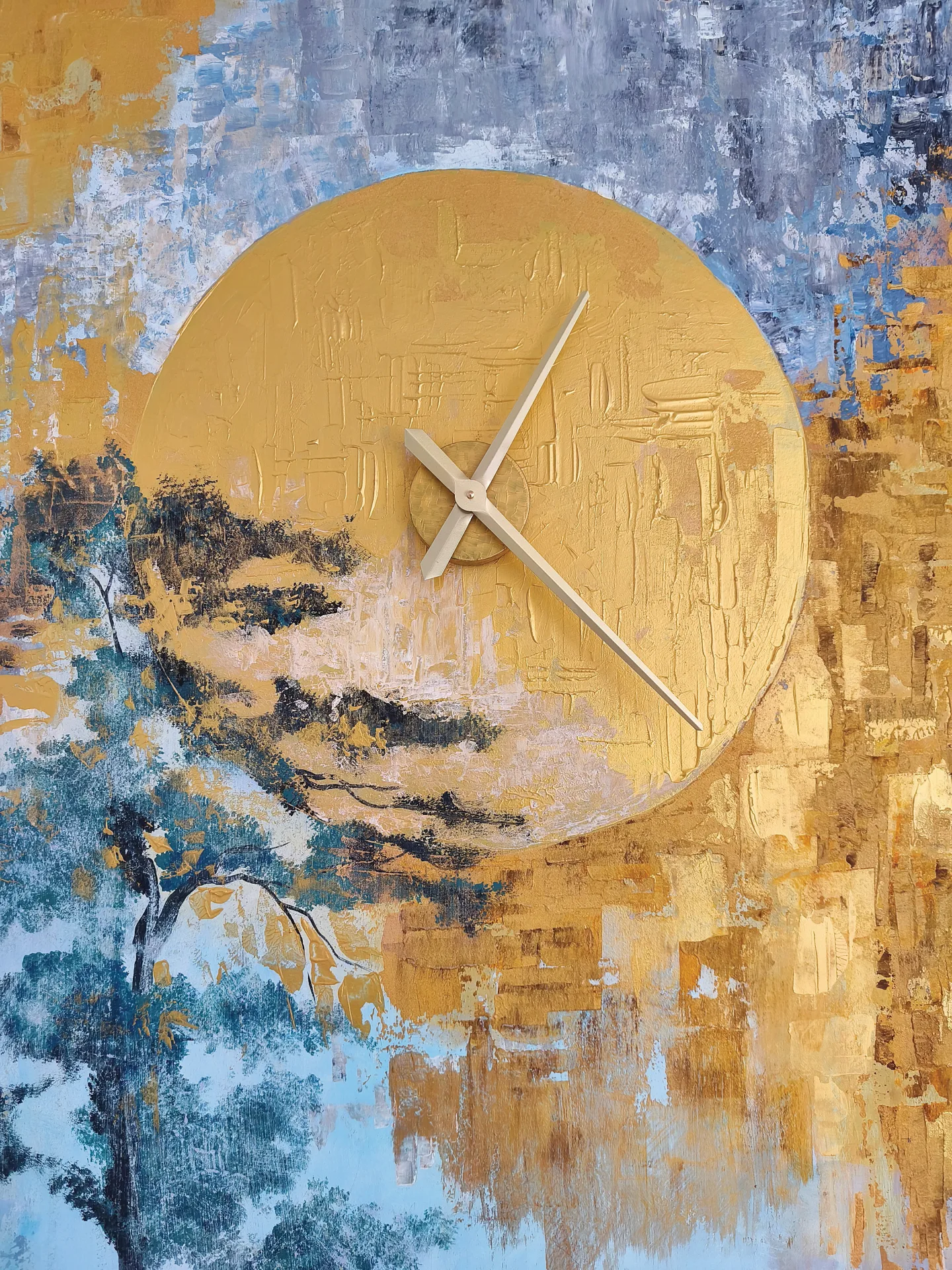Clock hands set into a gold circle on the blue mural.