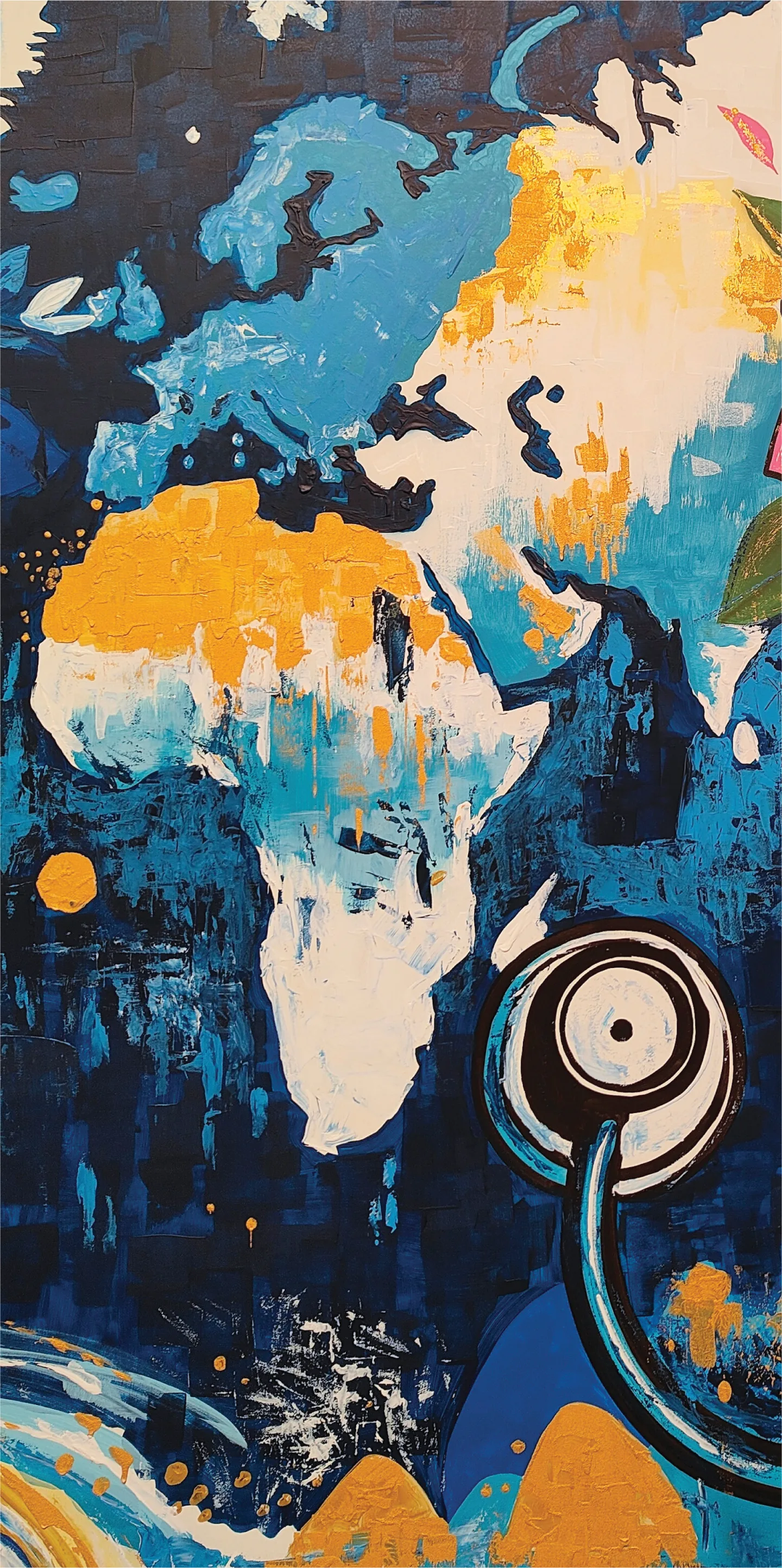 Painted globe and stethoscope detail in the Mozzart Foundation mural.