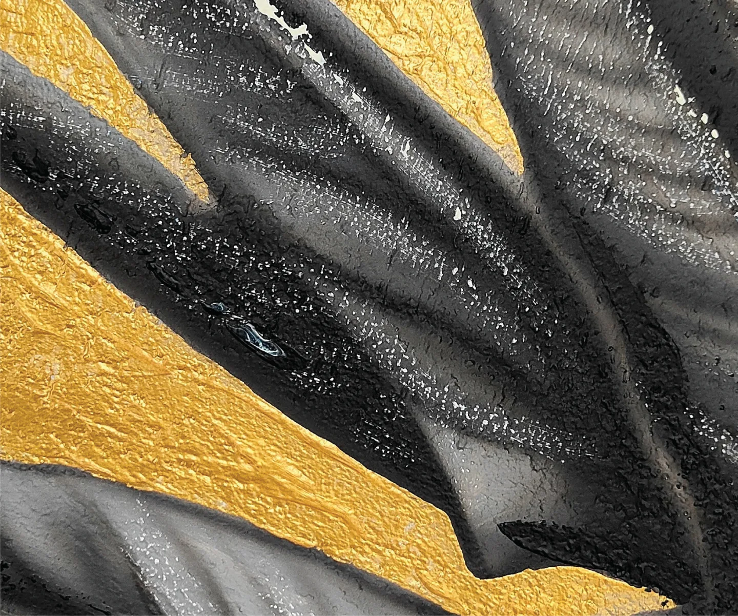 Black feather strokes over gold texture in the rooster mural.