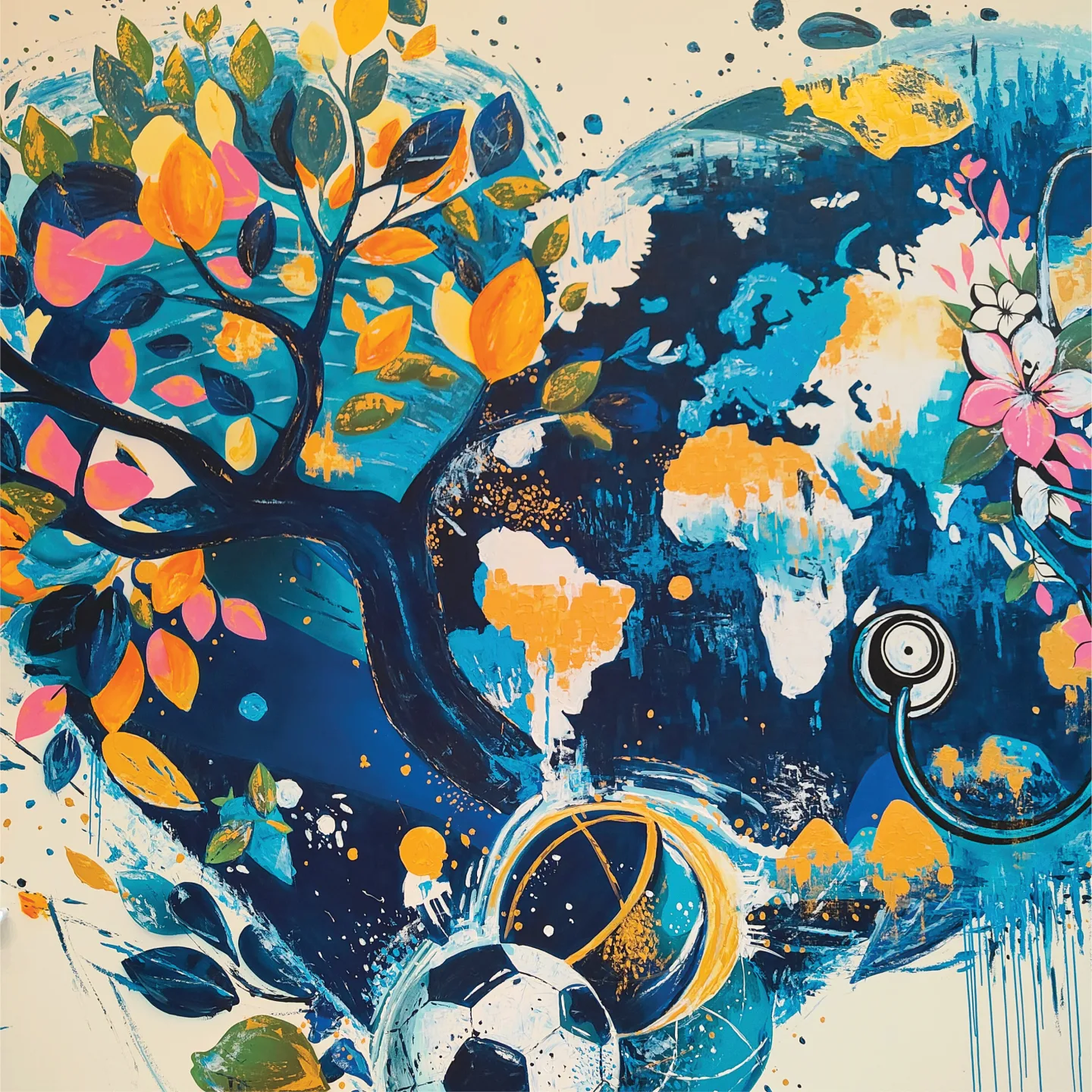 Tree, flowers and sports motifs in the gallery mural.