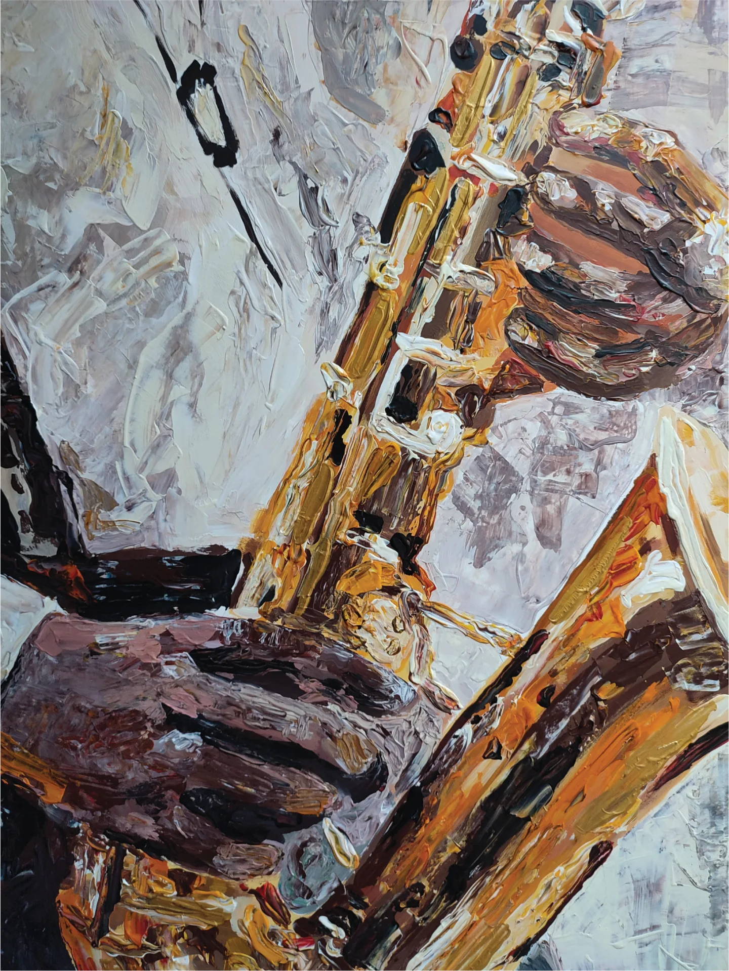 Detail of painted hands holding a saxophone.
