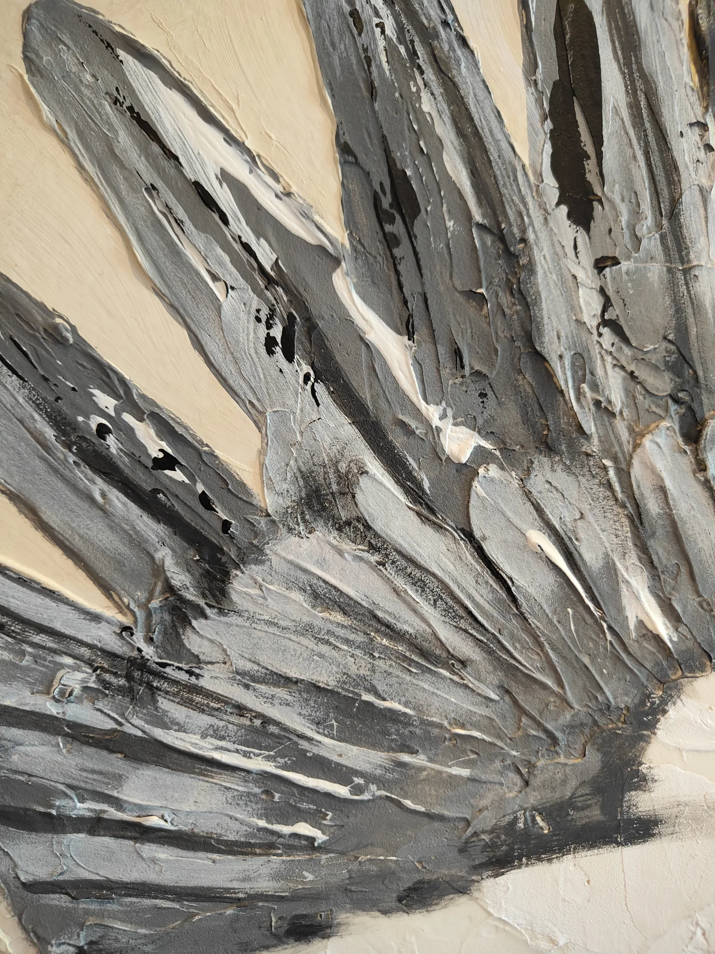 Detail of the stork’s feathers and textured paint.
