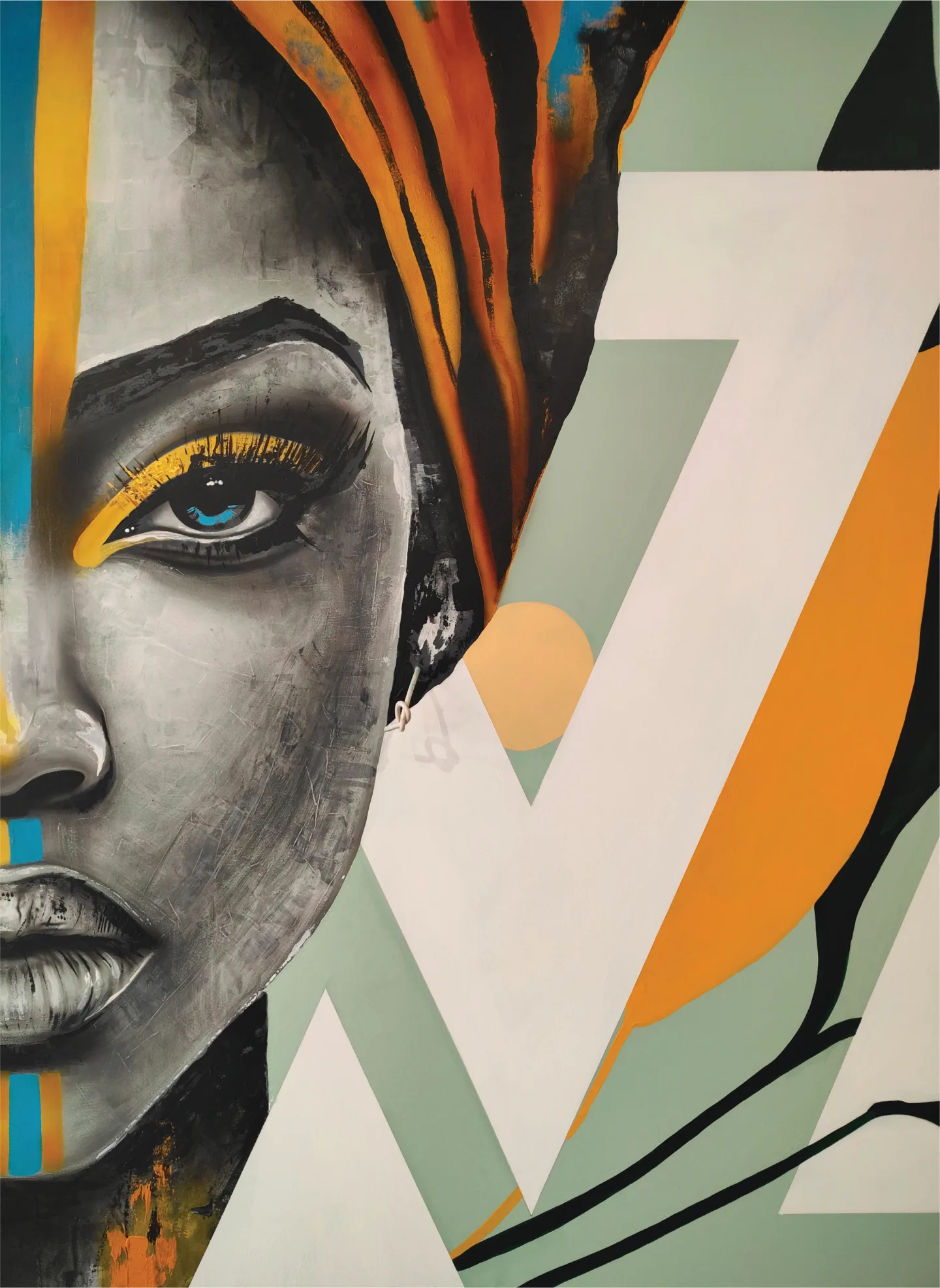 Portrait in an orange headwrap, with angular green and gold shapes.