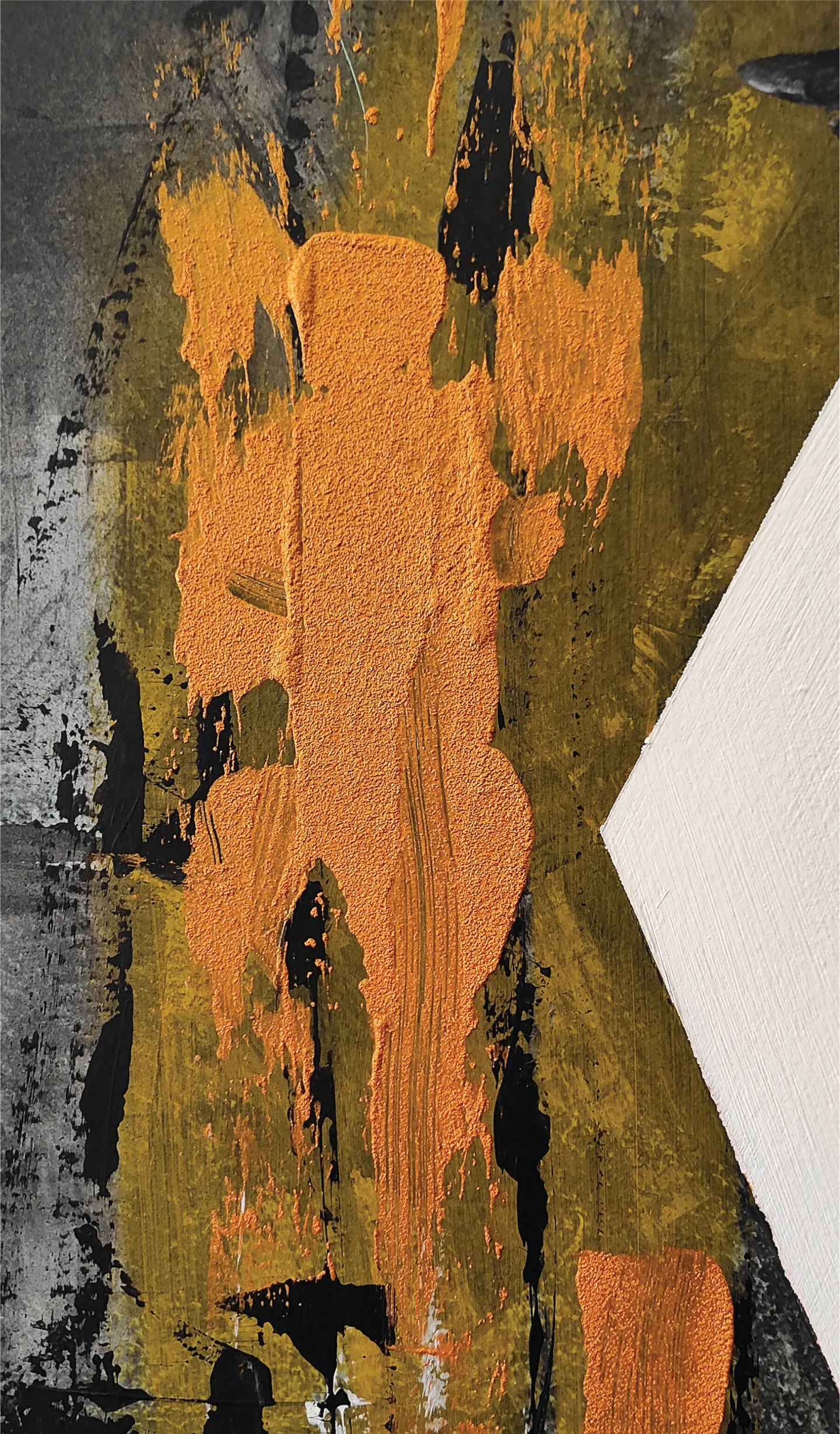 Raised orange, black and gold paint texture in the Kawai mural.