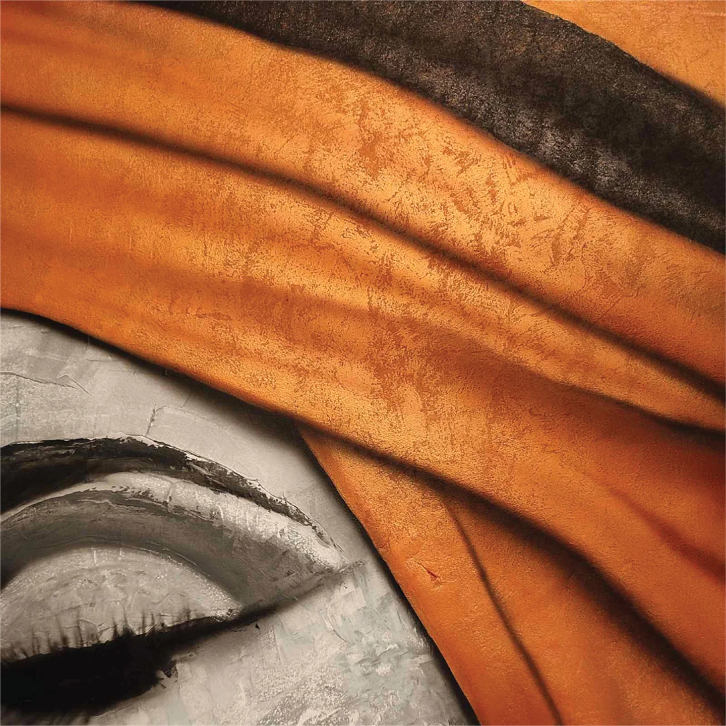 Close-up of an orange headwrap painted with textured shading.